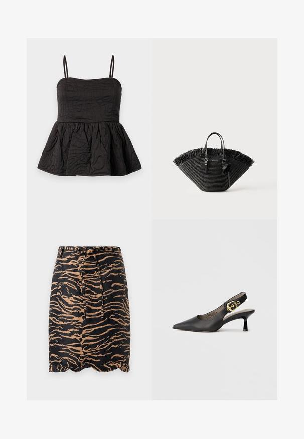 Top peplum noir avec bretelles spaghetti réglables, tissu texturé présentant un design tourbillonnant et un ourlet froncé pour plus de volume.; Jupe rayée noir et fauve en tissu lisse, dotée d'une taille à nouer et d'un ourlet en dentelle.; Chaussure à talon haut noire à bride arrière, avec un bout pointu, une texture en cuir lisse et une accent de boucle dorée sur la bride.; Sac fourre-tout tissé noir avec une large forme en éventail, bord supérieur frangé, deux poignées et un noeud décoratif sur une des poignées.