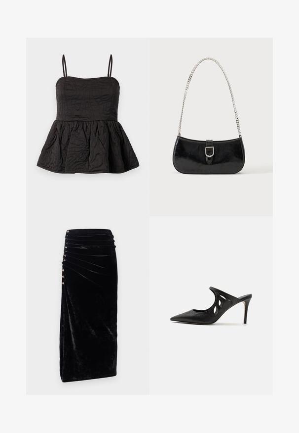 Sort peplum top med justerbare spaghetti stropper, struktureret stof med snoet design, og samlet underkant for volumen.; Rabanne Pencil skirt - black; Sorte læder højhælede mules med spids tå, udskåret sideskærm og glat tekstur. Stiletthæl og subtil syning.; Sort skuldertaske i laklæder med sølv spænde og sølv kæderem, vist mod en ensartet lys baggrund.