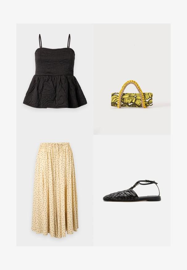 Black peplum top with adjustable spaghetti straps, textured fabric featuring swirled design, and gathered lower hem for volume.; Light beige midi skirt with black polka dots, gathered elastic waistband, and a front drawstring tie.; Black flat leather sandal with woven closed toe, ankle strap, and buckle, displayed on a white background.; Rectangular bag with yellow and black floral pattern and braided yellow and pink handle on white background.