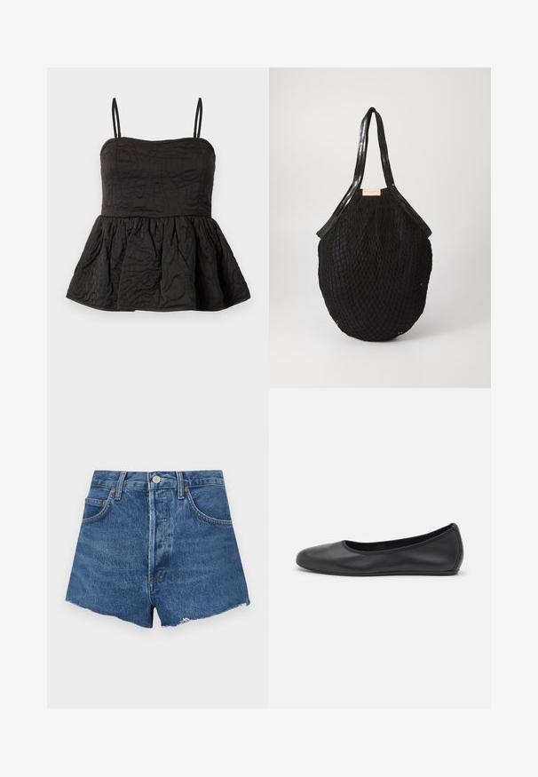 Musthave mustriba mustrinong mustlisaga, reguleeritavad spagetipäised, tekstuurne kangas, millel on keerduv kujundus ja volditud alumine serv mahu jaoks.; Keskmise sinise värvusega teksashortsid, millel on kulunud serv, eespool taskud ja nööbikinnitusega. Tugev tekstuur kerge pleekimisega.; Musthave mustika tantsutossud mustast nahast, ümmarguse varbaga, siledast tekstuurist, minimaalse õmblusdetailiga ja paindliku tallakujundusega.; Must ehk-kot on musta punutud kangaga, ovaalse kujuga, sujuvate käepidemetega ning tekstuuri meenutava võrgukujulise disainiga. Sildil on nähtav kirjeldus küljel.