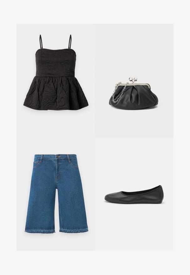 Čierny peplum top s nastaviteľnými ramienkami, textúrovaná látka s vírivým dizajnom a nariaseným dolným lemom pre objem.; Modré denimové šortky do kolien s roztrhnutými okrajmi, predným gombíkom a vreckami na bielom pozadí.; Čierne kožené baleríny s okrúhlou špičkou, hladkým povrchom, minimálnym prešívaním a flexibilným dizajnom podrážky.; Čierna kožená kabelka s vrúbkovou textúrou, strieborným kovovým rámom, uzáverom na pobozkanie a retiazkou na nosenie. Hladký, jemný povrch.