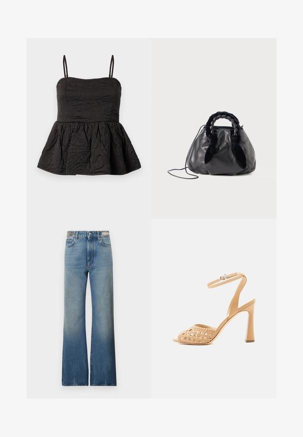 Mustat peplum-toppi säädettävillä spagettiolkainilla, teksturoitu kangas, jossa on kiehkuroitunut kuvio ja kerätty alareuna volyymia varten.; Rabanne Straight leg -farkut - denim stone; Beige korkeakorkoinen sandaali, jossa on punottu etukiristin ja nilkkaremmi soljella yksinkertaisella vaalealla taustalla.; Musta nahkainen käsilaukku, jossa on punottu samettikahva ja ohut olkahihna, asetettuna yksinkertaista vaaleaa taustaa vasten.