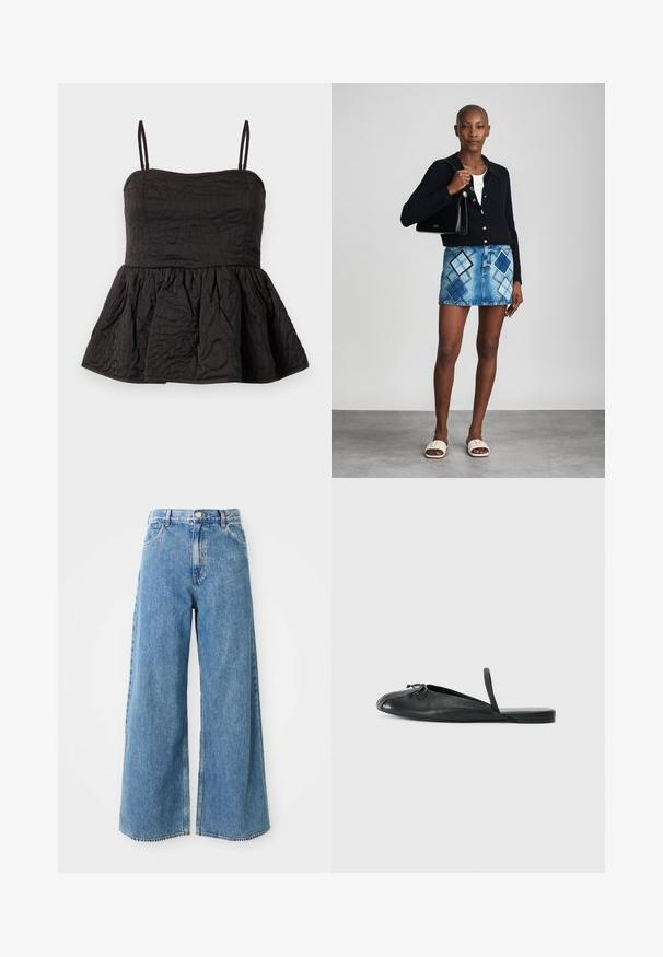 Schwarzes Peplum-Top mit verstellbaren Spaghettiträgern, strukturiertem Stoff mit gewundenem Muster und gerafftem unteren Saum für mehr Volumen.; Hochbundige, hellblaue, weit geschnittene Jeans mit Frontknopf, Reißverschluss und Fronttaschen auf weißem Hintergrund.; Schwarzer Leder-Slip-On-Schuh mit einer abgerundeten Zehe, seitlichen Ausschnitten und einem dünnen Riemen an der Ferse. Glatte Textur mit minimalistischem Design.; Schwarze Strickjacke, weißes Oberteil, Jeansrock mit blauem und schwarzem Diamantenmuster, schwarze Handtasche und beige Rutschsandalen.