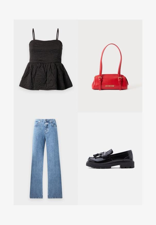 Musthave mustriba mustrinong mustlisaga, reguleeritavad spagetipäised, tekstuurne kangas, millel on keerduv kujundus ja volditud alumine serv mahu jaoks.; Heledad denim-jedid, millel on lai jalg, viis taskut, vööloopid ning nupuga sulgemine. Kangas on sileda tekstuuriga.; Must nahast lakknahast mokassiin paksu tallaga ja tutidetailiga, näidatud külgvaates tavalise valge taustaga.; Punane ristkülikukujuline Love Moschino käekott kahe pika rihmaga ja kuldsete pandlatetailidega heledal taustal.