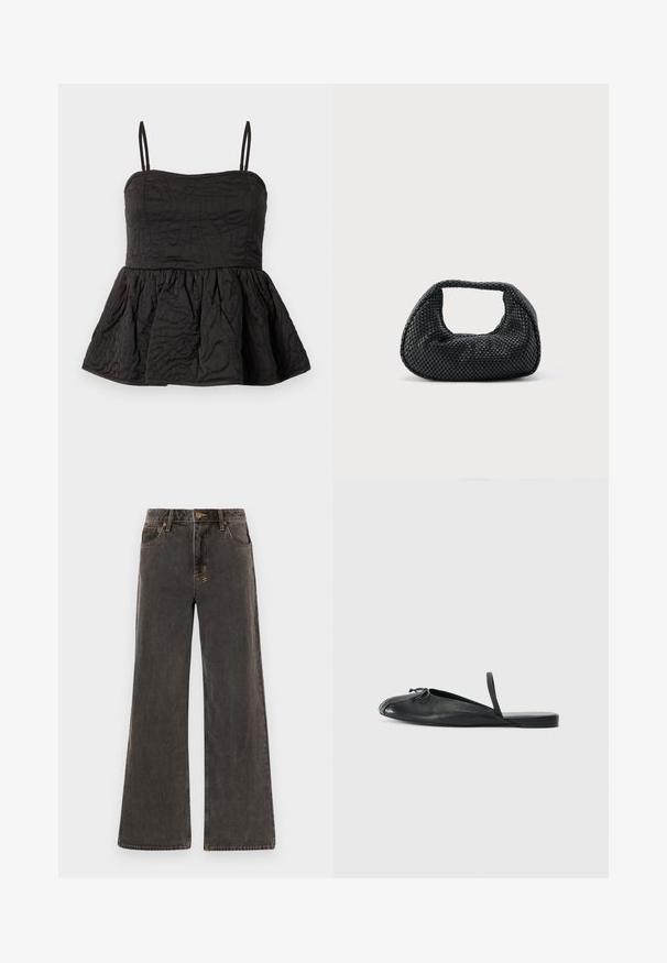 Čierny peplum top s nastaviteľnými ramienkami, textúrovaná látka s vírivým dizajnom a nariaseným dolným lemom pre objem.; Džíny s širokými nohavicami v tmavo šedom denime. Majú vysoký pás, päť vreciek a kontrastné zlaté švy. Jemné opotrebenie dodáva textúrovaný vzhľad.; Čierne kožené slip-on topánky s zaoblenou špičkou, bočnými výrezmi a tenkým popruhom na päte. Hladká textúra s minimalistickým dizajnom.; Čierna tkaná kabelka hobo s mäkkou štruktúrou a integrovanou rukoväťou, zobrazená na jednoduchom svetlom pozadí.