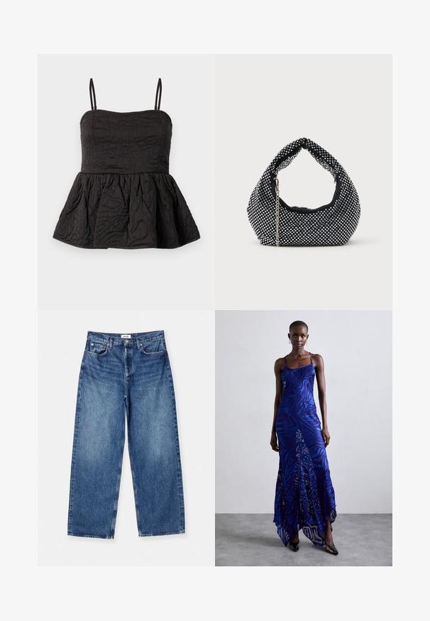 Čierny peplum top s nastaviteľnými ramienkami, textúrovaná látka s vírivým dizajnom a nariaseným dolným lemom pre objem.; Svetlomodré rifľové nohavice s širokými nohavicami, vyrobené z denimovej tkaniny, s klasickým dizajnom piatich vreciek, viditeľným prešívaním a stredne vysokým pásom.; Maxi šaty s potlačou zvieracích vzorov v modrej a fialovej farbe, s tenkými ramienkami, priliehavým telom, rozšíreným lemom a priesvitnými detailmi.; Čierna sieťovaná kabelka zdobená striebornými nitmi, s obľúbenou rukoväťou a reťazovou popruhom. Mäkká textura s zaobleným tvarom.