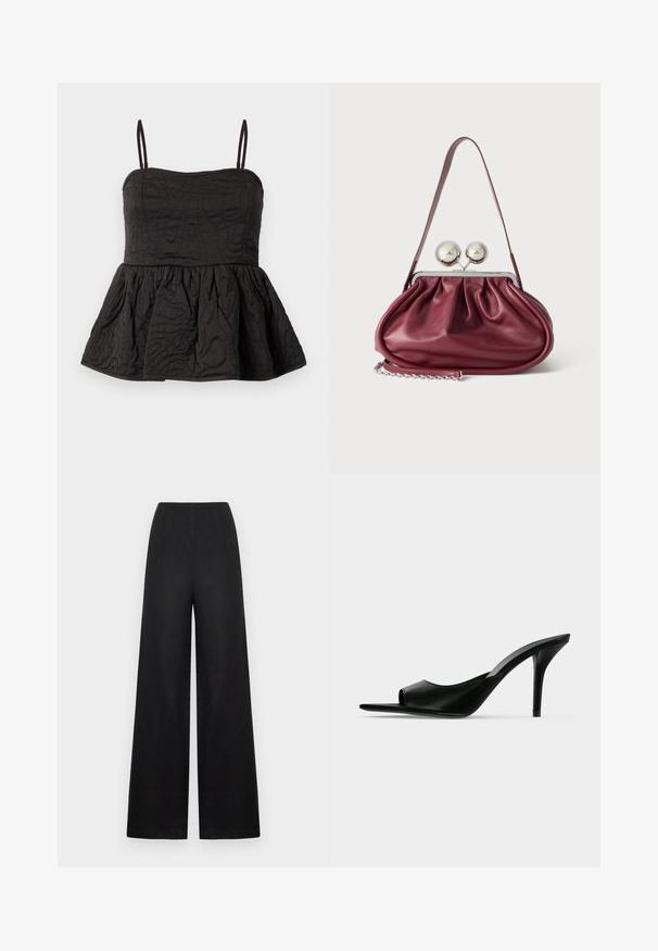 Sort peplum top med justerbare spaghetti stropper, struktureret stof med snoet design, og samlet underkant for volumen.; Sorte, brede bukser i hør med en glat tekstur, der har høj talje, forreste læg og ingen synlige beslag eller accenter.; Sort læder åben tå højhælet mule med en slank stilet hæl, vist i sideprofil på en ensfarvet baggrund.; Lille bordeaux læderhåndtaske med rynkede detaljer, en tynd rem og en sølvspænde med to store runde knopper.