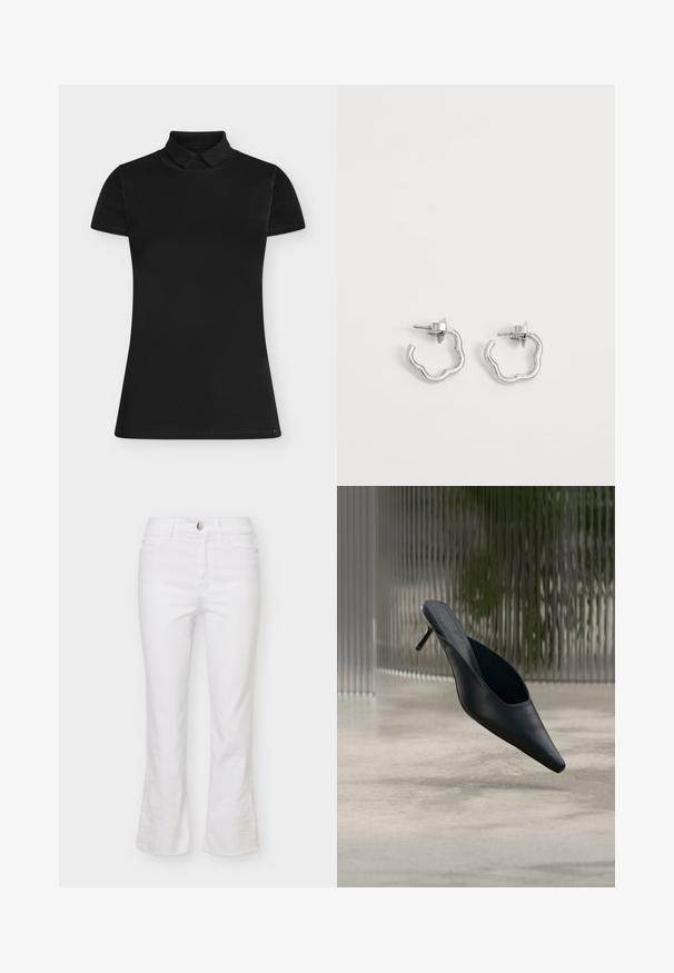 Polo noir ajusté à manches courtes avec col classique, posé à plat sur un fond uni et clair, sans logos ni ornements visibles.; Jeans en denim blanc avec taille mi-haute, bouton et fermeture éclair à l'avant, cinq poches, et broderie florale discrète près des ourlets évasés.; Mule noire à bout pointu avec un talon fin et haut flottant au-dessus d'un sol en béton lisse, avec un arrière-plan flou à rayures verticales.; Paire de petites boucles d'oreilles créoles en argent avec des formes ondulées irrégulières et des fermoirs à tétons sur fond blanc uni.