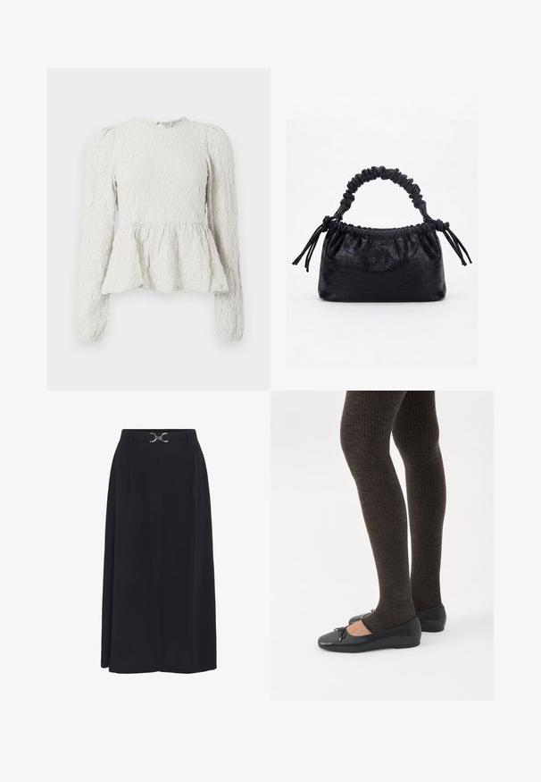 Haut peplum blanc à manches longues, en tissu texturé avec un motif en relief, col rond et un détail en goutte d'eau dans le dos.; Jupe noire, longueur genou, fabriquée en tissu lisse, dotée d'une taille haute avec une boucle argentée et de plis pour plus de dimension.; Jambes portant des leggings côtelés foncés associés à des ballerines noires avec de petits détails en nœud sur fond blanc.; Sac à main noir avec texture crocodile, bord supérieur froncé, poignée plissée et pompons à cordon de chaque côté sur fond blanc.