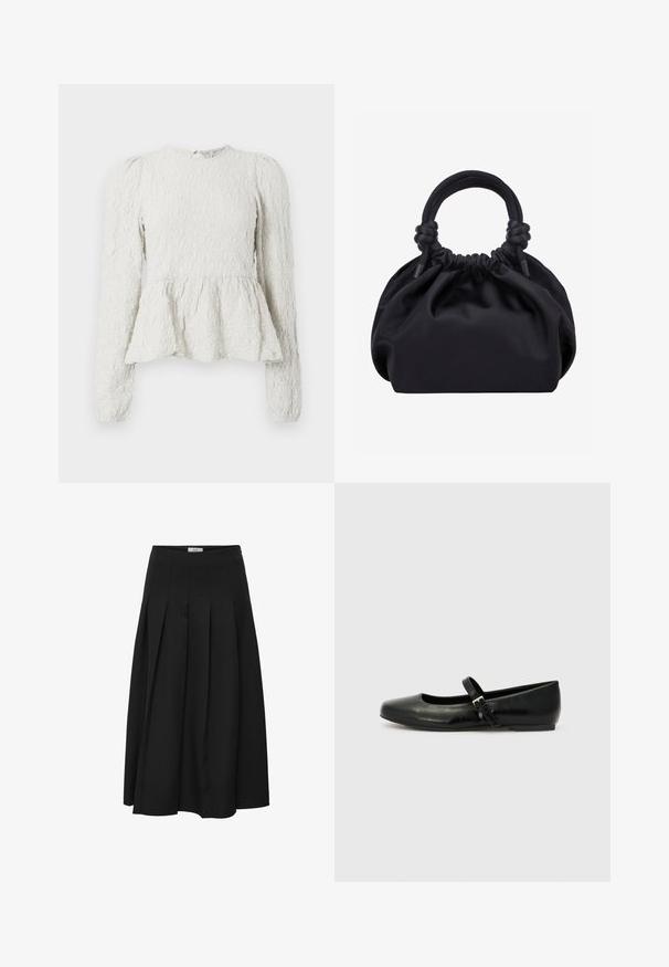 Weißes Peplum-Oberteil mit langen Ärmeln, strukturiertem Stoff mit erhabenem Muster, runder Ausschnitt und einem Schlüssellochdetail auf der Rückseite.; Schwarzer plissierter Midirock aus glattem Stoff. Verfügt über eine hohe Taille und eine fließende Silhouette mit sorgfältig genähten Falten.; Schwarze Leder-Ballerinas mit einer runden Spitze, einer flachen Sohle und einem dünnen, verstellbaren Riemen über dem Spann mit einer Metallschnalle.; Schwarze weiche Stoffhandtasche mit gerafftem oberen Rand und runden, gepolsterten Griffen, die auf jeder Seite mit Knoten gebunden sind.