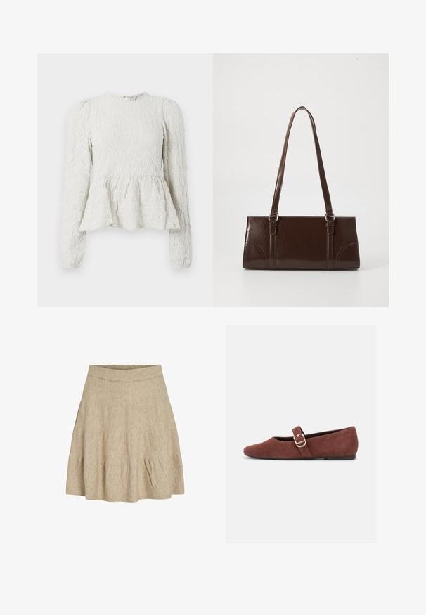 Witte peplumtop met lange mouwen, textuurstof met een verhoogd patroon, ronde hals en een keyhole-detail aan de achterkant.; Een korte, beige rok gemaakt van een zachte, gestructureerde stof met een geribbeld tailleband en een lichte plooiing bij de zoom.; Bruine suède Mary Jane platte schoen met een gouden gespsluiting en zwarte zool op een witte achtergrond.; Bruine lakleren handtas met een rechthoekige vorm, twee lange handvatten en subtiele gebogen accenten aan de voorkant.