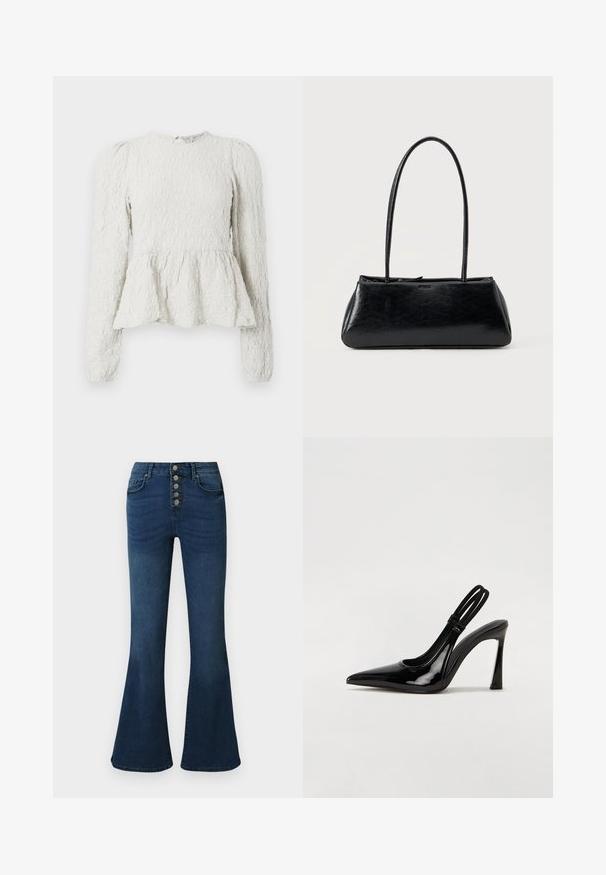 Weißes Peplum-Oberteil mit langen Ärmeln, strukturiertem Stoff mit erhabenem Muster, runder Ausschnitt und einem Schlüssellochdetail auf der Rückseite.; Dunkelblaue Jeans mit ausgestelltem Bein, hohem Bund und Fünf-Knopf-Verschluss vorne. Glatte Textur mit dezenten Verblassungen und Nahtdetails.; Schwarze Lackleder Slingback-Pumps mit spitzem Zehenbereich, schlankem hohen Absatz und doppeltem elastischen Riemen für einen sicheren Sitz. Glatte, glänzende Oberfläche.; Schwarze rechteckige Schultertasche mit langen dünnen Trägern und einer glatten, glänzenden Textur auf einfarbigem Hintergrund.