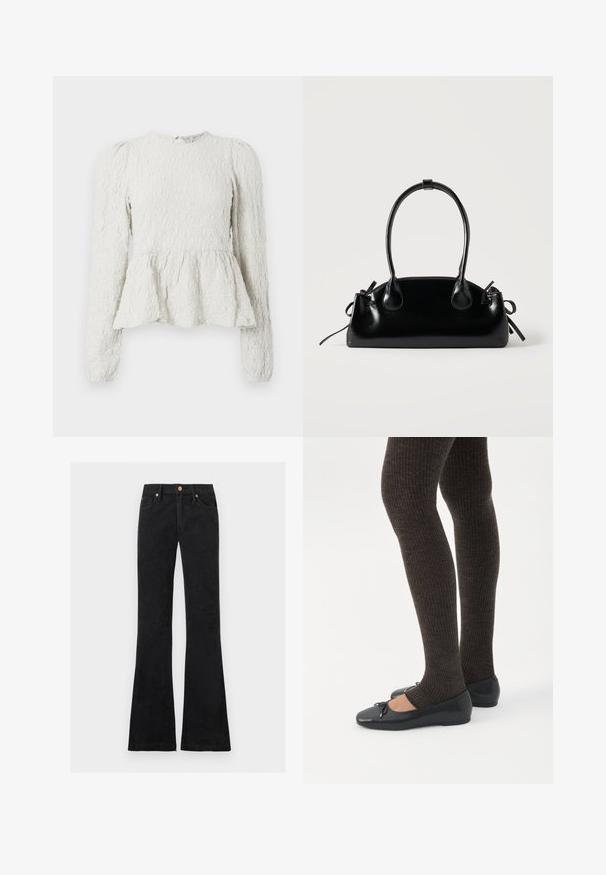 Haut peplum blanc à manches longues, en tissu texturé avec un motif en relief, col rond et un détail en goutte d'eau dans le dos.; Jean noir taille haute avec jambes évasées, fermeture devant par bouton et zip, et design à cinq poches.; Jambes portant des leggings côtelés foncés associés à des ballerines noires avec de petits détails en nœud sur fond blanc.; Petit sac à main noir brillant avec deux longues anses et des détails à cordon sur les côtés sur un fond clair uni.