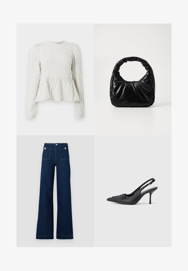 Top peplum blanco con mangas largas, tela texturizada con un patrón elevado, cuello redondo y un detalle de ojal en la parte posterior.; Jeans de tiro alto de pierna ancha en azul oscuro, con detalles de botones dorados, dos bolsillos en la parte delantera y trasera y costuras en contraste. Tejido de mezclilla texturizado.; Sandal de tacón stiletto negro de cuero con punta afilada, correa lateral con hebilla, tachuelas a lo largo del borde y cordones decorativos en la parte delantera.; Bolso negro acolchado con un asa redondeada, que presenta una superficie lisa y brillante y una textura suave y acolchada. Sin herrajes ni acentos visibles.