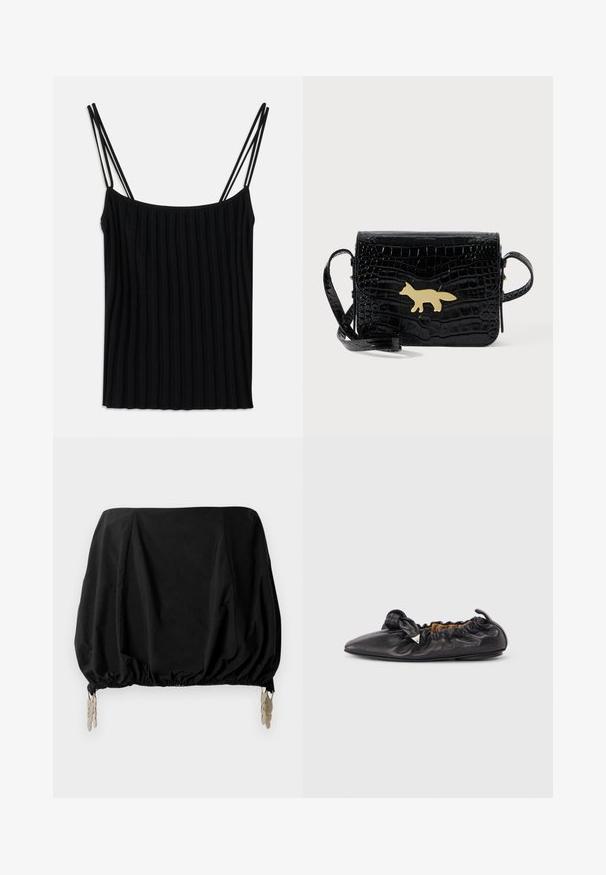 Sort ribbet camisole med tynde justerbare stropper, med en lige halsudskæring og blød stoftekstur, der fremhæver en slank silhuet.; Sort cropped top med en samlede design, med elastisk kant og metalliske clips som detaljer. Fremstillet af et letvægtsstof.; Sort læder balletflat med rynket detalje, spids tå og lille metallisk trekantet pynt på siden, flad sål.; Sort skuldertaske i krokodillepræget læder med lang rem og guldfarvet lås formet som en ræv på frontklappen.