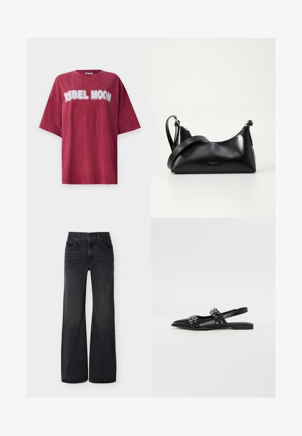 T-shirt surdimensionné en maron, fabriqué en tissu doux, avec le texte "REBEL MOON" en grandes lettres blanches sur la poitrine. Design à encolure ronde simple.; Jean noir taille haute à jambes larges avec bouton avant, fermeture éclair, passants de ceinture et style cinq poches sur un fond uni.; Even&Odd by Zalando Ballerines à brides arrière - black; Sac à main en cuir noir avec une texture lisse. Dispose d'une bandoulière adjustable et d'un design élégant et minimaliste avec une fermeture éclair.