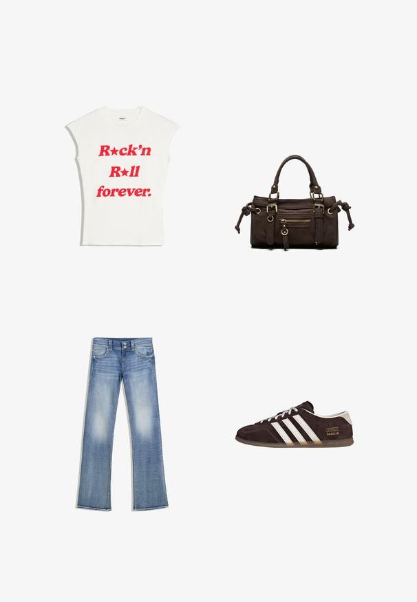 Witte mouwloze t-shirt met rode tekst "Rock'n Roll forever." en stervormige symbolen ter vervanging van de letter "o" in Rock'n and Roll.; Lichtblauwe bootcut-spijkerbroek met een vervaagde wassing, vijf zakken, riemlussen en dubbele knoopsluiting, plat neergelegd op een witte achtergrond.; Bruine suède sneakers met drie witte strepen, rubberen zool en een tekstlabel met de tekst "Gazelle" in goud. Vetersluiting met grijze veters.; Donkerbruine leren handtas met dubbele handvatten, voorvak met ritssluiting, decoratieve gespen en zijknopen op een witte achtergrond.