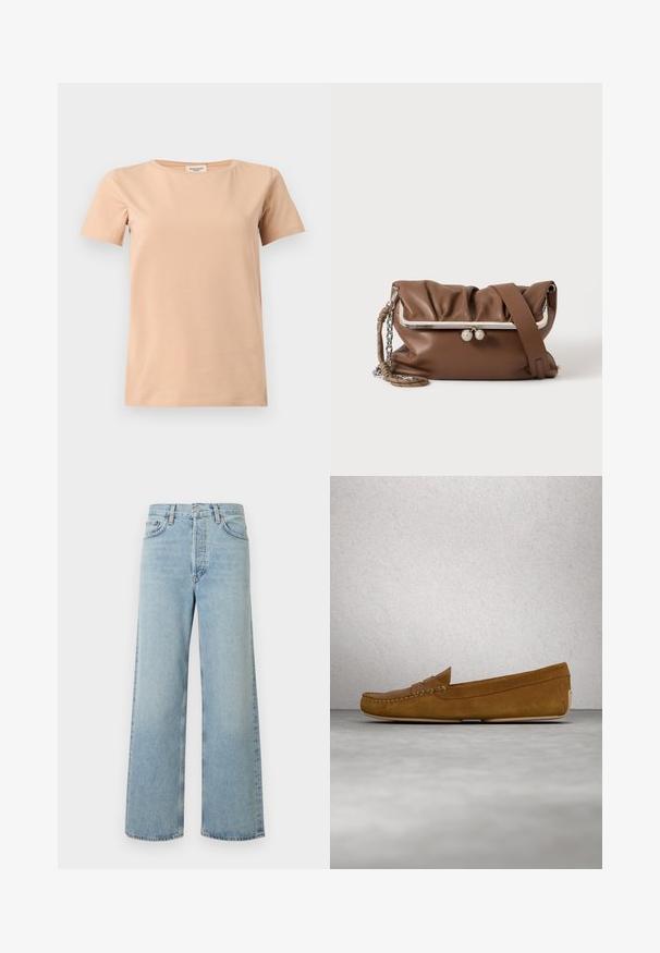 T-shirt beige manches courtes avec col rond et ourlet droit sur un fond uni gris clair.; Jean large coupe pattes d'éléphant bleu clair en tissu denim avec une taille haute. Comprend cinq poches, une fermeture à bouton, et une texture subtilement délavée.; Mocassins en cuir suédé marron avec un couturessé, semelle plate et bout rond. Design simple avec une petite bande décorative sur le devant.; Sac à épaule en cuir souple marron avec cadre métallique argenté et fermoir, une sangle réglable et une poignée chaîne tressée sur fond blanc.