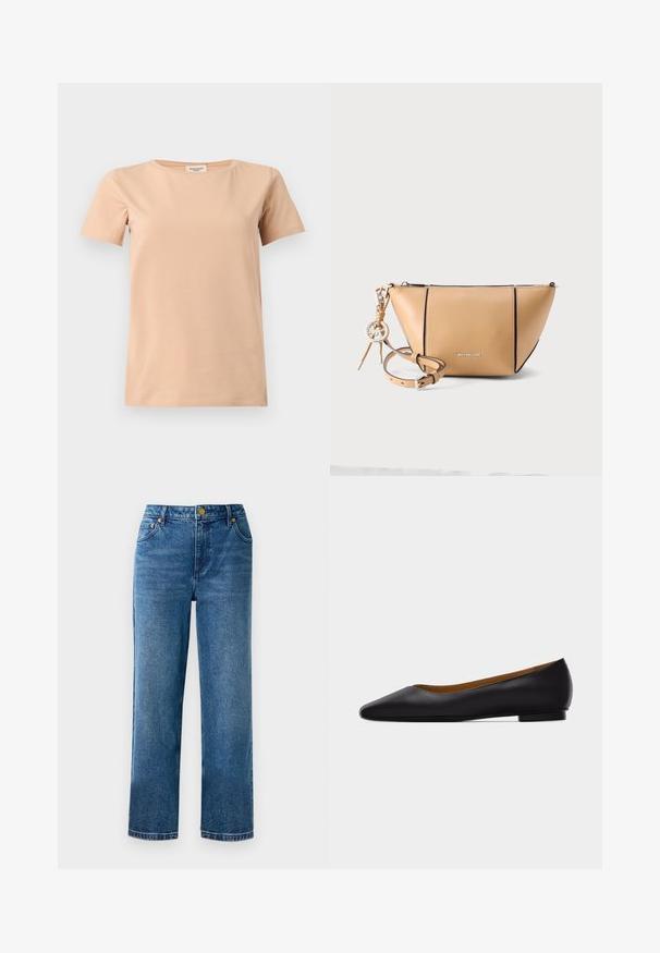 T-shirt beige manches courtes avec col rond et ourlet droit sur un fond uni gris clair.; Jean taille haute bleu avec une coupe droite, en denim, comportant cinq poches et des détails en métal doré.; Chaussure plate en cuir noir à bout pointu avec talon bas et finition lisse, vue de côté sur un fond gris clair.; Sac bandoulière Michael Kors en cuir camel avec une fermeture éclair, des bords noirs et une bandoulière amovible avec un pendentif logo.
