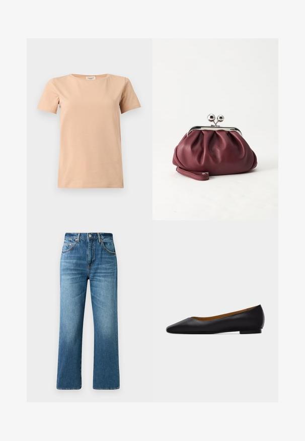 Beiges T-Shirt mit kurzen Ärmeln und Rundhalsausschnitt sowie geradem Saum auf einfarbigem hellgrauem Hintergrund.; Hellblaue Jeans aus Denim mit geradem Bein, Fünf-Taschen-Stil und subtilen Ausbleichungen. Mit klassischem Knopfverschluss und Akzenten in der Nähte.; Schwarzer flacher Schuh aus Leder mit spitz zulaufender Vorderkappe, niedrigem Absatz und glatter Oberfläche, von der Seite vor einem hellgrauen Hintergrund dargestellt.; Kleine burgunderrote Lederclutch mit silbernem Metallverschluss und Handgelenksriemen auf weißem Hintergrund.
