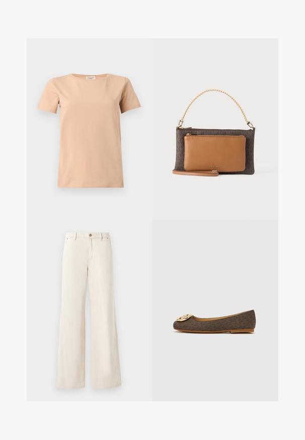 Beige T-shirt met korte mouwen, ronde hals en rechte zoom op een effen lichtgrijze achtergrond.; Beige wijde broek van katoen met een gladde textuur. Heeft een knoopsluiting, voorzakken en een klassiek taillebandontwerp.; Bruine platte schoen met patroon, een ronde neus en een gouden embleem aan de voorkant. Heeft een textuur oppervlak en een dunne rubberen zool.; MICHAEL Michael Kors JET SET MD PCKT CONV XBODY - Handtas - brown