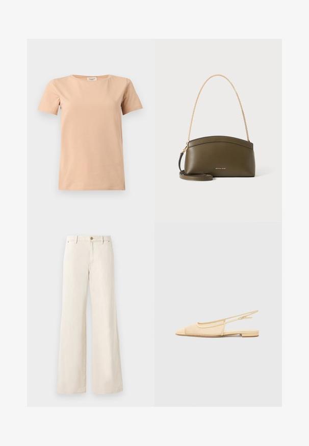 Beige kortærmet T-shirt med rund halsudskæring og lige kant på en ensfarvet lysegrå baggrund.; Beige brede bukser lavet af bomuld med en glat tekstur. Har en knaplukning, forlommer og et klassisk taljedesign.; Slingback fladsko i lys beige med en mesh-overdel, spids tå og en lav hæl. Har en justerbar strop for bedre pasform.; Olivengrøn Michael Kors-håndtaske med guldkæde skulderrem, buet top og lille gyldent logo foran, vist mod hvid baggrund.