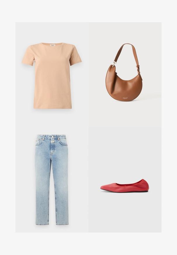 Beiges T-Shirt mit kurzen Ärmeln und Rundhalsausschnitt sowie geradem Saum auf einfarbigem hellgrauem Hintergrund.; Hellblaue Jeans aus Denim mit geradem Bein, fünf Taschen und Kupferbeschlägen. Mit einer ausgeblichenen Textur und stabilen Nähten.; Filippa K REY FLATS - Klassischer Ballerina - bright red; Braune Lederschultertasche in Halbmondform mit verstellbarem Riemen und kleinem silbernem Logo-Schriftzug unten in der Mitte.
