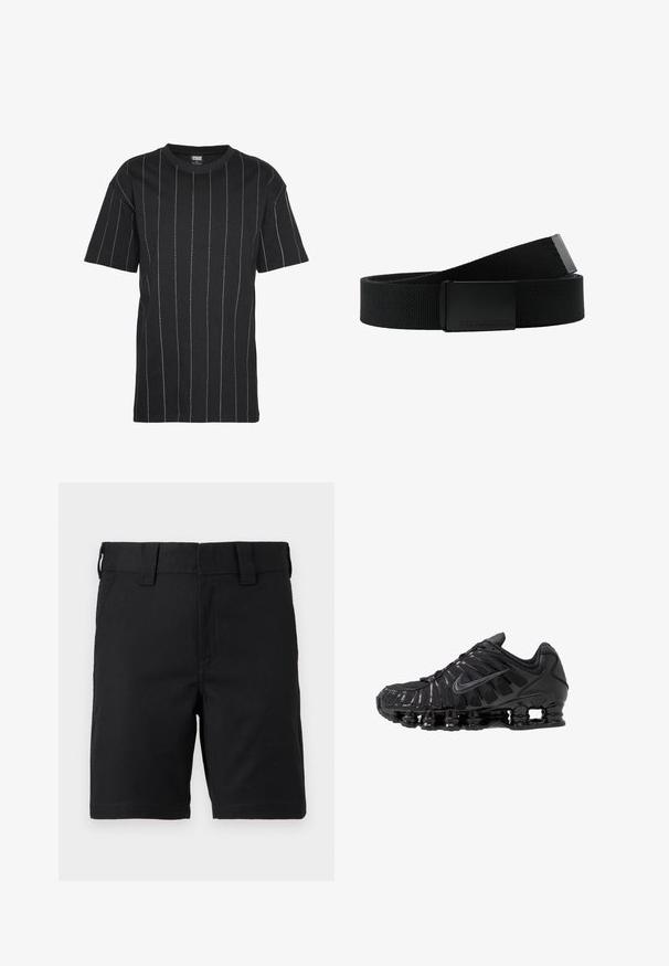 Schwarzes T-Shirt mit kurzen Ärmeln, ausgestattet mit weißen vertikalen Streifen und einem Rundhalsausschnitt. Hergestellt aus einem weichen Baumwollmaterial.; Schwarze knielange Shorts mit Gürtelschlaufen und Fronttaschen, aus robustem Stoff, auf weißem Hintergrund dargestellt.; Schwarze Sportschuhe aus Mesh- und synthetischen Materialien mit einem markanten wellenförmigen Design, schwarzer Gummisohle und reflektierenden Akzenten.; Schwarzer Stoffgürtel mit strukturiertem Finish, ausgestattet mit einer rechteckigen schwarzen Metallschnalle. Die Schnalle ist mit dem Branding "Urban Classics" verziert.