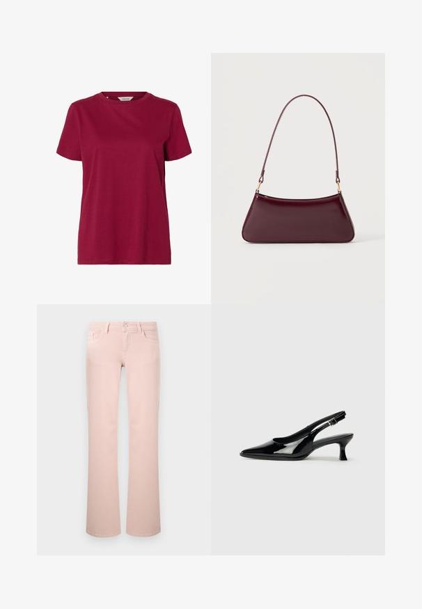 Effen donkerrood T-shirt met korte mouwen en ronde hals, getoond op een witte achtergrond.; Lichtroze jeans met rechte pijpen, voorzakken, lussentaille en een metalen knoopsluiting.; Zwarte lakleren slingback schoenen met een spitse neus en een lage blokhak. Verstelbare gespband bij de enkel.; Donker bordeaux glanzende handtas met een enkele dunne handgreep en een slanke trapeziumvorm op een effen lichte achtergrond.