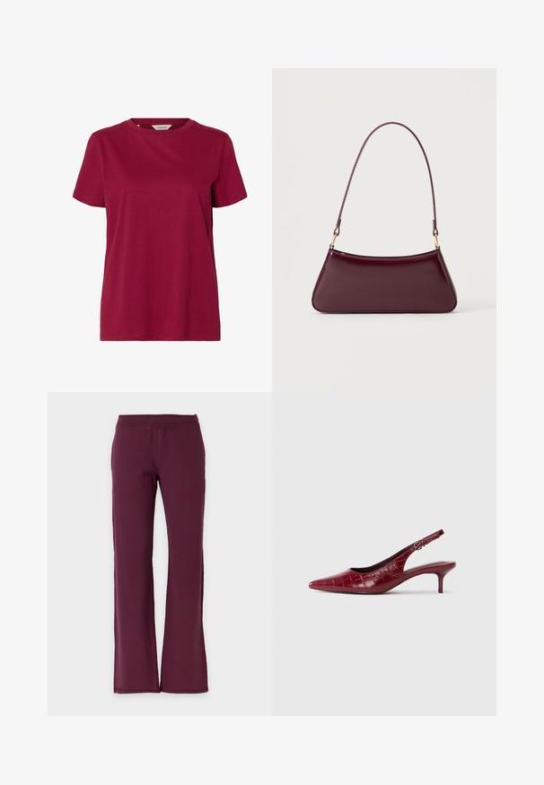 Enkelt kortærmet t-shirt med rund hals i ensartet mørkerød farve, vist på hvid baggrund.; Bukser med lige ben i ensfarvet mørk bordeaux med elastisk talje, lavet af blødt stof.; Bordeaux læder slingback pumpe med krokodillestruktur, spidse tæer, justerbar spænde rem og lav kitten hæl på en hvid baggrund.; Mørk burgunderglans håndtaske med et enkelt tyndt håndtag og en elegant, trapezformet form på en ensartet lys baggrund.