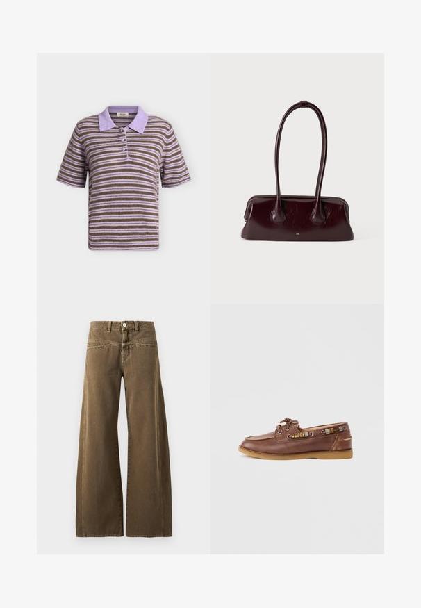 Polo à manches courtes avec col et boutons violet clair, présentant des rayures horizontales marron et violet, sur un fond uni.; Pantalon marron taille haute à jambes larges avec bouton devant, passants de ceinture, et coutures visibles sur fond clair.; Chaussure bateau en cuir marron avec semelle en caoutchouc beige, laçage à l'avant et accents métalliques décoratifs sur les côtés.; Sac à main en cuir brun foncé brillant avec de longues anses fines et une base rectangulaire structurée sur un fond clair uni.