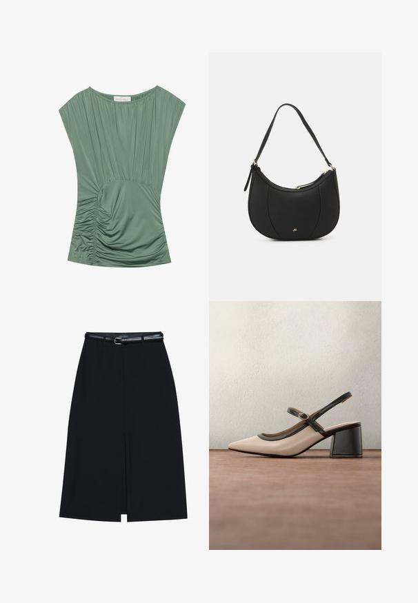 Haut vert à manches courtes en tissu plissé ; présente une texture froncée à la taille et un col rond. Matière lisse et extensible.; Jupe noire à mi-cuisse avec une fente frontale, fabriquée en tissu lisse. Comprend une fine ceinture noire avec une boucle en argent et des passants.; Chaussure beige à talons hauts avec bride arrière, bout pointu, bordure noire et détail boucle. Matériau lisse à finition mate, talon moyen épais.; Sac à main en cuir noir avec une forme courbée, surface texturée, coutures avant et un logo doré. Il est doté d'une seule sangle ajustable.
