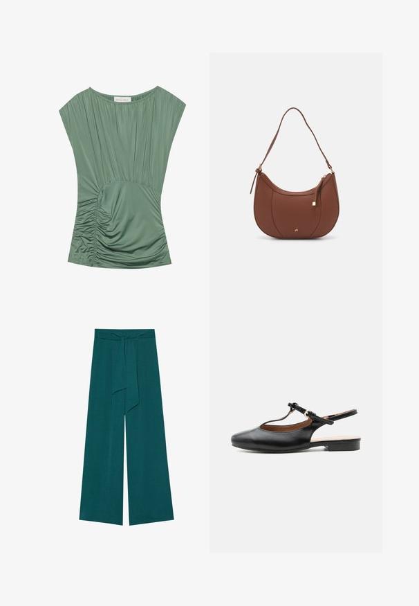 Haut vert à manches courtes en tissu plissé ; présente une texture froncée à la taille et un col rond. Matière lisse et extensible.; Pantalons à jambes larges dans une teinte bleu sarcelle profonde avec une finition texturée, dotés d'une taille nouée pour un ajustement réglable et d'une silhouette fluide.; Chaussure plate slingback en cuir noir avec bride en T et boucle dorée sur fond neutre.; Sac à épaule en faux cuir brun, de forme arrondie, avec des coutures minimales et un accent en matériel doré. Il possède une fermeture zippée sur le dessus et une sangle réglable.