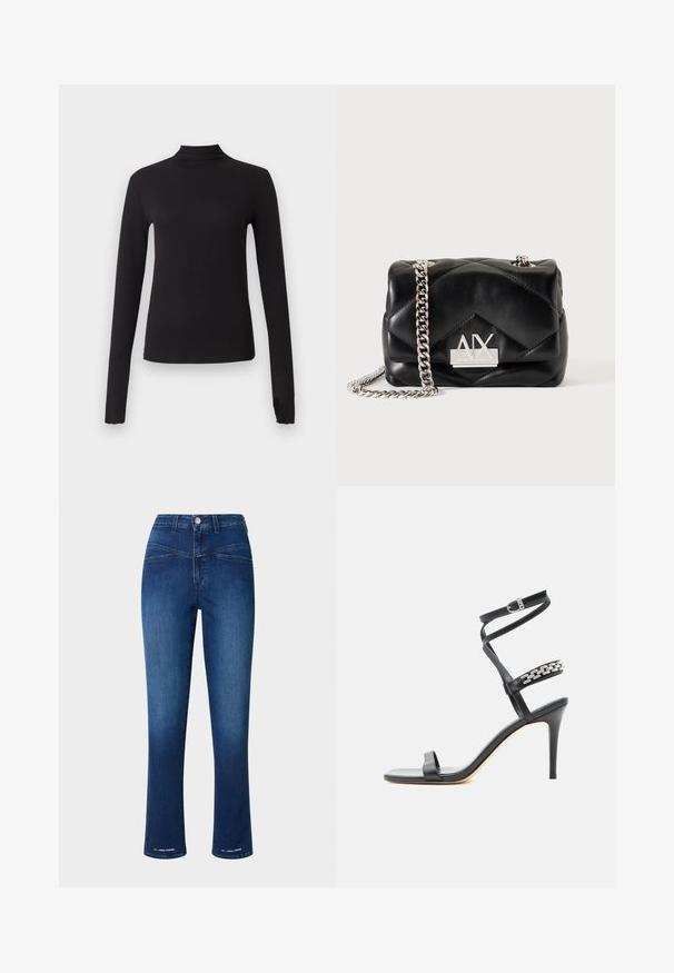 Sort langærmet tætsiddende top med høj hals, vist på ensartet lysegrå baggrund.; Mørkeblå denimbukser med høj talje, slim fit, lige ben og to forlommer. Indeholder en metalknap og syningsdetaljer.; Sort højhælet sandal med tynd ankelrem, midtfodsrem dekoreret med sølvkædeled og åben tå-design.; Sort quiltet læder skuldertaske med sølvkæde og sølv Armani Exchange AX-logo foran.