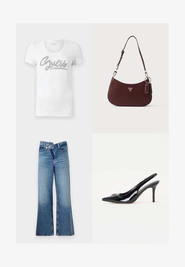 Weißes T-Shirt mit kurzen Ärmeln und rundem Halsausschnitt, auf dem "Guess" in Schreibschrift mit glänzenden silbernen Verzierungen quer über die Brust gedruckt ist.; Helle, blaue Jeans mit weit ausgestellt Bein und hoher Taille, ausgestattet mit zwei Knöpfen und vorderen Taschen. Der Stoff hat eine ausgewaschene Textur mit subtilen Variationen.; Schwarze Lackleder-Slingback-Pumps mit spitzer Zehenpartie, schlankem Stiletto-Absatz und dekorativer Verzierung auf dem Vorderblatt.; Dunkelbraune, strukturierte Lederschultertasche mit verstellbarem Riemen, dreieckigem Guess-Logo und zwei hängenden Lederanhängern an goldfarbenen Ringen.