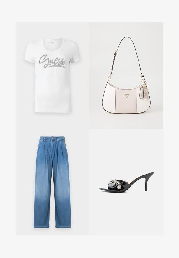 Hvid kortærmet T-shirt med rund hals, hvor "Guess" er skrevet i kursiv med skinnende sølvdetaljer tværs over brystet.; Lyseblå denimbukser med høj talje, afslappet vid pasform og frontfolder. Har knap- og lynlåslukning.; Sort laklæder højt hælet mule med åben tå og dekorative sølvcharme inklusive en blomst og hængelås på frontstroppen.; Hvid tekstureret håndtaske med en buet form, der har en sort rem, guldhardware og mærketags hængende.
