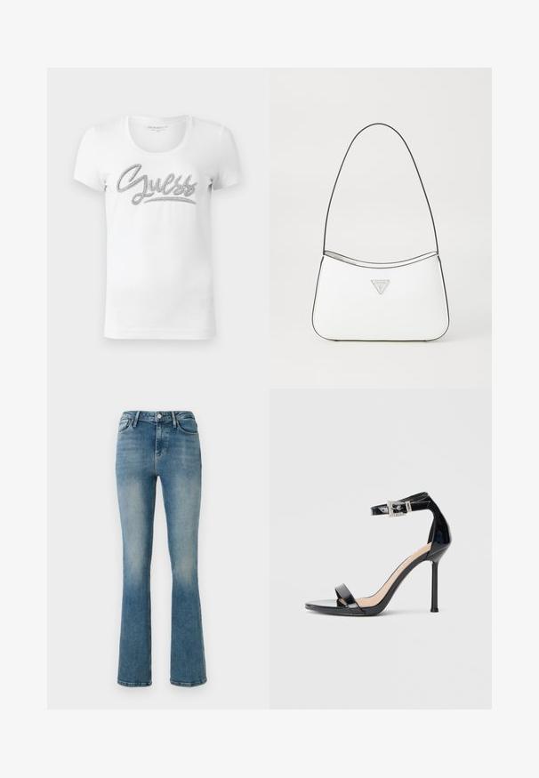 Hvid kortærmet T-shirt med rund hals, hvor "Guess" er skrevet i kursiv med skinnende sølvdetaljer tværs over brystet.; Lys blå denim flared jeans med fem lommer, høj talje og sy detaljer. Stoffet viser en let falmet vask og en glat tekstur.; Sort højhælet sandal i laklæder med ankelrem. Har minimalistisk design, åben tå og spænde med rhinsten-detaljer.; Hvid håndtaske med et slankt, buet design, der har en tynd sort rem og sølvfarvet trekantet logoaccent. Glat tekstur og minimal detaljering.