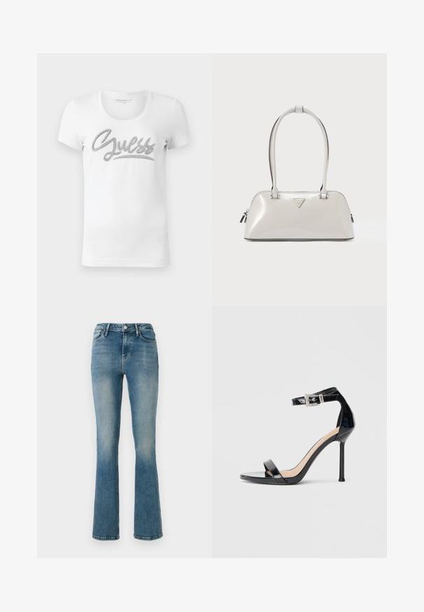 Hvid kortærmet T-shirt med rund hals, hvor "Guess" er skrevet i kursiv med skinnende sølvdetaljer tværs over brystet.; Lys blå denim flared jeans med fem lommer, høj talje og sy detaljer. Stoffet viser en let falmet vask og en glat tekstur.; Sort højhælet sandal i laklæder med ankelrem. Har minimalistisk design, åben tå og spænde med rhinsten-detaljer.; Skinnende lysegrå håndtaske med rund form, dobbelthåndtag og et trekantet logo. Har lynlåslukning og metalaccenter.