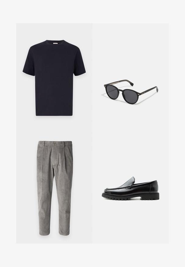 T-shirt en coton bleu marine avec un col rond, des manches courtes et une coupe décontractée ; texture lisse ; sans motifs ni quincaillerie visibles.; Pantalons en velours côtelé gris avec un motif de rayures verticales texturé, dotés d'une fermeture par bouton et de deux poches latérales. Coupe ajustée et longueur raccourcie.; Mocassin en cuir noir avec semelle en caoutchouc épaisse, dessus cousu et nom de marque embossé sur le talon, présenté de profil sur fond blanc.; BOSS Lunettes de soleil - black