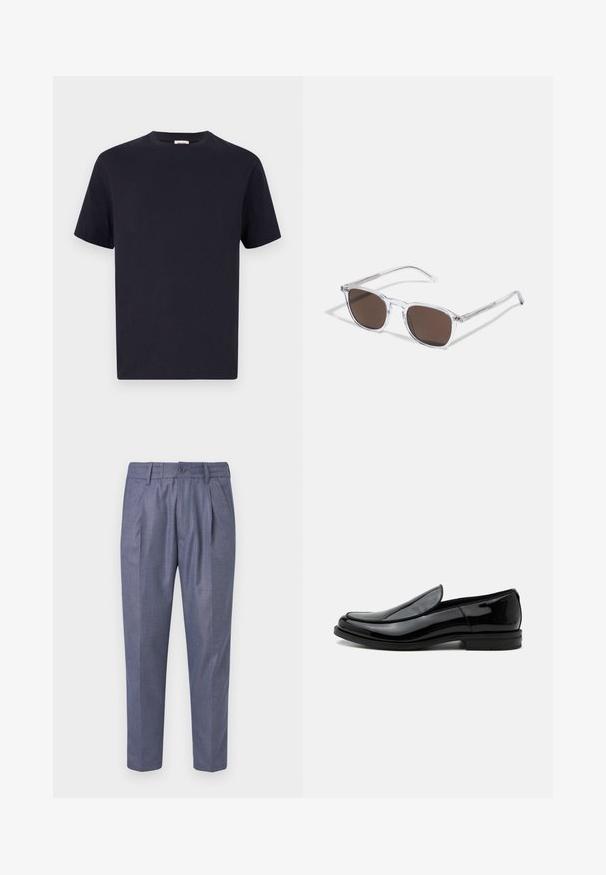 Camiseta de algodón azul marino con escote redondo, manga corta y corte relajado; textura suave; sin patrones o elementos metálicos visibles.; Pantalones tejidos azul con un corte ajustado, que presentan pliegues delanteros, un cierre de botón y una textura suave. Largo recortado con piernas rectas.; Zapato de vestir negro de piel brillante tipo slip-on con tacón bajo y punta redondeada, visto de lado sobre un fondo blanco liso.; Gafas de sol de plástico transparente con lentes marrones rectangulares, que cuentan con finas varillas transparentes y acentos metálicos en las patillas.