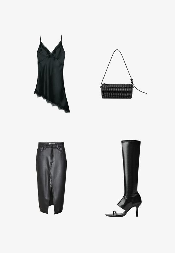Sort satin camisole med tynde stropper, en V-udskæring og blonde detaljer langs udskæringen og asymmetrisk kant. Glat tekstur, elegant design.; Sorte lædernederdel med en mellemlang design, der har en frontslids, klassiske bæltesløjfer og syede detaljer langs sømmene.; Sort knæhøje støvler lavet af blank læder. Har åben tå, tynde stropper og stiletto hæl. Glat tekstur med minimale syningsdetaljer.; Sort cylindrisk taske lavet af struktureret stof, med lynlås og skulderrem. Dekoreret med små hvide nitter over det hele.