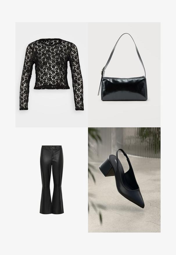 Haut à manches longues en dentelle noire avec un col rond. Présente un motif floral et une coupe courte. Texture transparente avec un bord noir solide à l'ourlet et aux poignets.; Pantalons évasés en cuir noir avec une texture lisse, dotés d'une fermeture éclair à l'avant, d'un bouton de fermeture et de détails de couture subtils le long des coutures.; Escarpin noir en cuir avec un bout pointu et un talon bloc. Texture lisse, design minimaliste et bride de cheville réglable.; Sac d'épaule rectangulaire noir avec une sangle réglable unique et une fermeture éclair supérieure sur un fond uni.