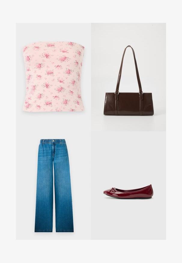 Lyserød stropløs top med et spredt mønster af små lyserøde og røde blomsterklaser med grønne blade.; Bredbåndede jeans i lys blå denim, med en elastisk talje, en knaplukning og et lige snitdesign med en falmet effekt.; Balletflade i glat burgundy patentlæder, med rund tå og lille sløjfedetalje foran. Glat overflade, lav hæl.; Brun lakeret håndtaske med rektangulær form, to lange håndtag og subtile buede detaljer på fronten.