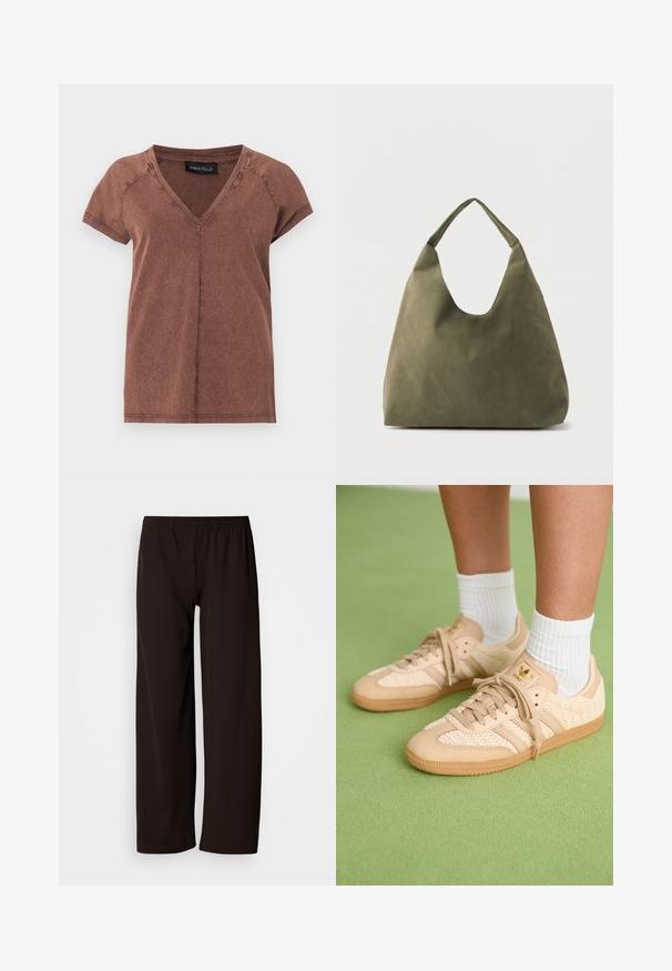 Brun kortærmet V-hals T-shirt med synlige sømme og et sort "ANNA FIELD" mærke på indersiden af halsudskæringen.; Bukser med sort elastisk talje og brede, lige ben, lavet af glat stof, vist mod en ensfarvet baggrund.; Fødder iført beige vævede Adidas sneakers med gummisåler og hvide ankelsokker på en grøn struktureret gulv.; Olivengrøn skuldertaske i blødt læder med en bred, enkelt strop og en afslappet, ustruktureret form på en lys baggrund.