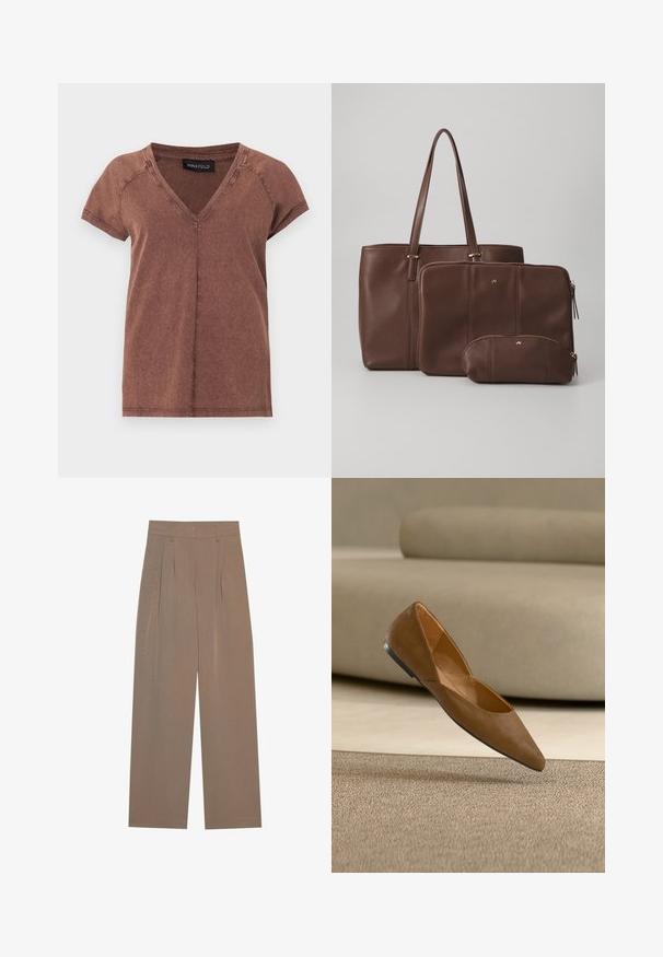 Brun kortærmet V-hals T-shirt med synlige sømme og et sort "ANNA FIELD" mærke på indersiden af halsudskæringen.; Brune plisserede bukser med bred ben-design, der har en flad talje og sidelommer, lavet af et letvægtsstof.; Brun ruskind spids tå flatsko svævende over beige tæppe med en matchende beige sofa sløret i baggrunden.; Brun læder tote taske med to matchende pouches; tote tasken har lange håndtag, mens pouches er med lynlås og i varierende størrelser. Gyldne detaljer inkluderet.