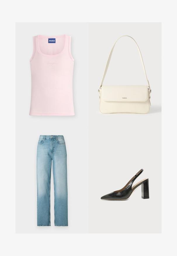 Lyserød ærmeløs top med bådudskæring, subtilt præget "hugo" logo i midten og en blå "HUGO" mærkat inde i kraven.; Lyseblå høj talje straight-leg denimjeans med frontknap og lynlås, for- og baglommer, vist på hvid baggrund.; Sort læder peep-toe slingback sko med høj blokhæl og beige indvendig foring mod en ensfarvet lys baggrund.; Cremefarvet læder skuldertaske med flaplukning, sølvfarvet beslag, en enkelt justerbar rem og diskrete logodetaljer.