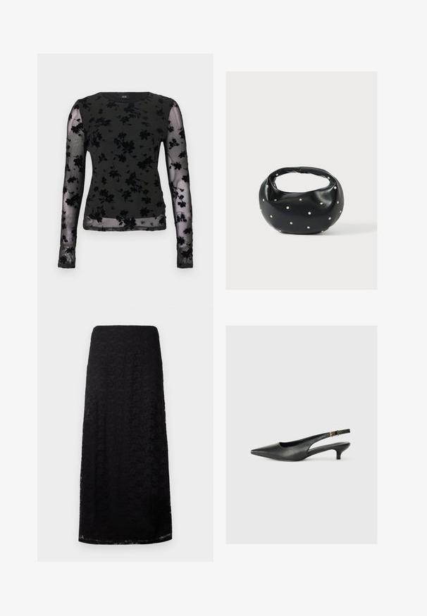 Langärmliges schwarzes Oberteil aus transparentem Stoff mit Blumenmuster. Strukturierte schwarze Akzente an Ärmeln und Ausschnitt.; Schwarzer Spitzen-Midi-Rock mit floralem Muster, gerader Schnitt und subtiler Textur, vor einem schlichten weißen Hintergrund präsentiert.; Schwarzer Slingback-Schuh mit spitzem Zehenbereich aus glattem Leder. Mit einem dünnen Absatz und einer dekorativen Schnalle am verstellbaren Riemen.; Schwarze Lederhandtasche mit abgerundeter Form, verziert mit silbernen Nietenakzenten und kurzem Griff. Glatte Struktur und Reißverschlussverschluss.
