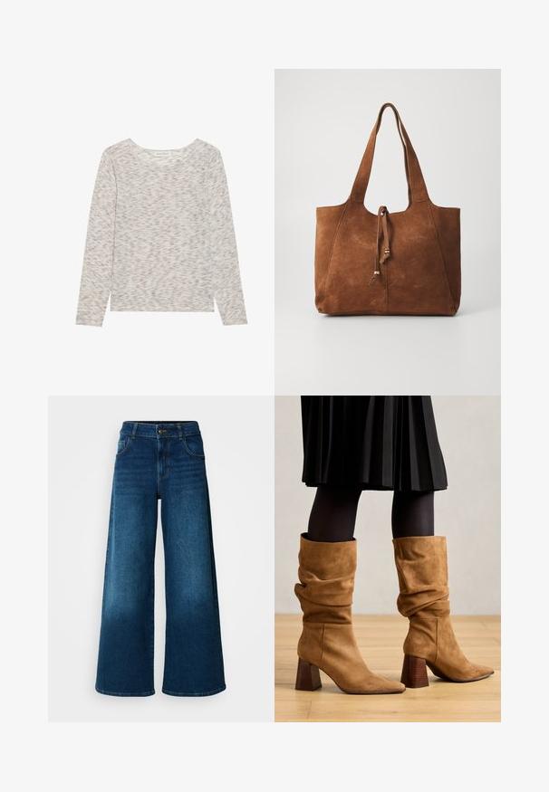 Lichte lange mouw top in beige met een subtiel gestructureerd patroon. Rond decolleté en rechte zoom met lichte zijsplitten. Zachte stof.; Wijde jeans van donkerblauwe denim. Heeft een hoge taille, knoopsluiting en klassiek vijf-vakken ontwerp met subtiele vervaging.; Bruine suède slouchy enkellaarzen met puntige neuzen en gestapelde houten hakken. Gedragen met zwarte panty’s en een geplooide zwarte rok.; Bruine suede tote bag met twee lange handvatten, trekkoordsluiting en een gladde textuur. Kenmerkt zich door een eenvoudig ontwerp en minimale accenten.