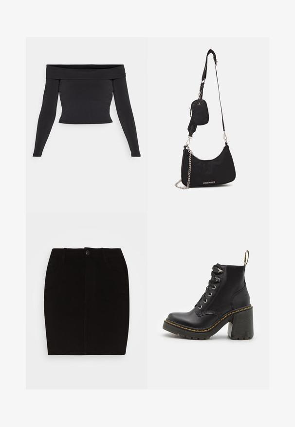 ONLY ONLLAURA - T-shirt à manches longues - black; Pieces PCSKIN SLIM SHORT SKIRT - Minijupe - black; Bottine en cuir noir avec un talon haut chunky, un laçage à l'avant, des œillets en métal et une couture jaune le long de la semelle. Semelle en caoutchouc texturé.; Sac en nylon noir à l'épaule avec une forme incurvée, accent en chaîne argentée, pochette mini amovible et bandoulière ajustable ; présente le logo "Steve Madden".