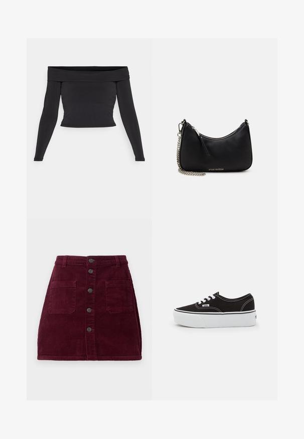 ONLY ONLLAURA - Top s dlhým rukávom - black; Burgundská kordová sukňa s vysokým pásom, piatimi prednými gombíkmi a dvoma prednými vreckami; textúrovaná tkanina s vertikálnym ribovaním.; Čierne plátenné tenisky s bielou gumovou platformou, s bielymi šnúrkami a stehmi, ikonickým logom na boku, nízkoprofilový dizajn.; Čierna syntetická kabelka s zakriveným tvarom, strieborným reťazovým popruhom, zipsovým uzáverom a embosovaným logom značky na prednej strane. Hladký povrch.